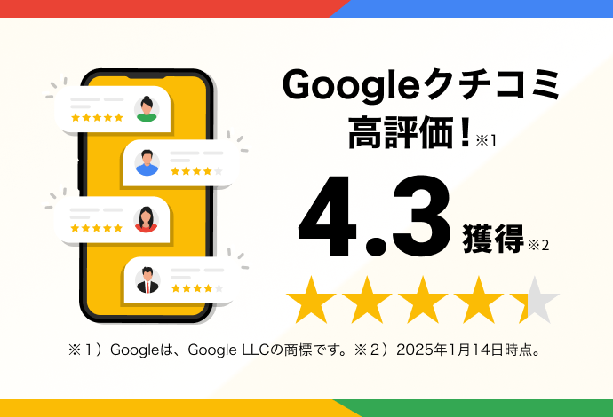 Googleクチコミ高評価! 4.3獲得