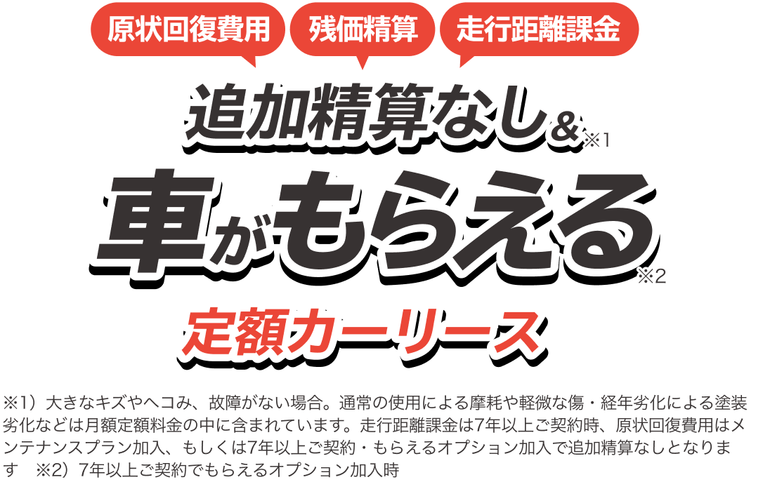 原状回復費用 残価精算 走行距離課金 追加精算なし & 車がもらえる 定額カーリース
